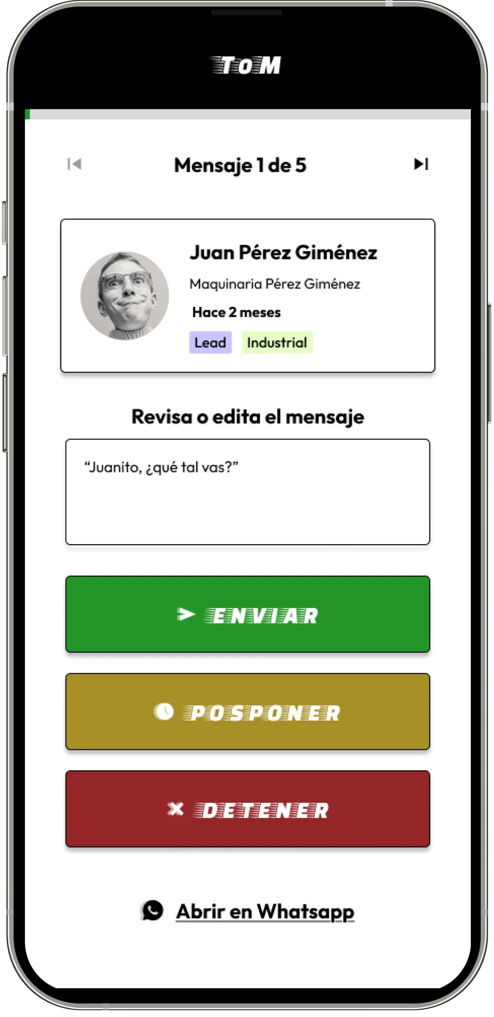 Interfaz de Tom, plataforma de seguimiento comercial